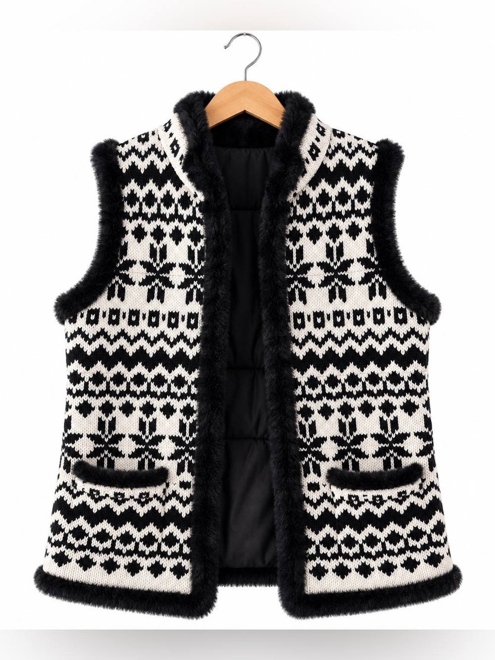 Talbots SP Black White Fair Isle Knit Faux Fur Vest Nordic Après Ski Preppy